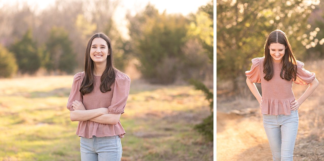 Senior Girl portraits for in Light Grassy Field with Spring Blossoms by Bartlesville Photographer Kristi Bray