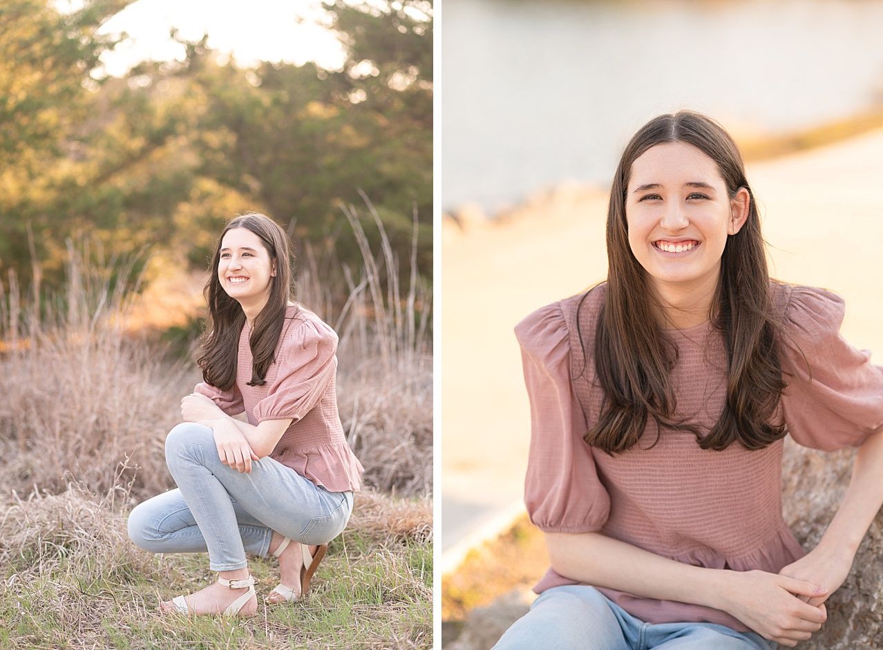 Senior Girl portraits for in Light Grassy Field with Spring Blossoms by Bartlesville Photographer Kristi Bray