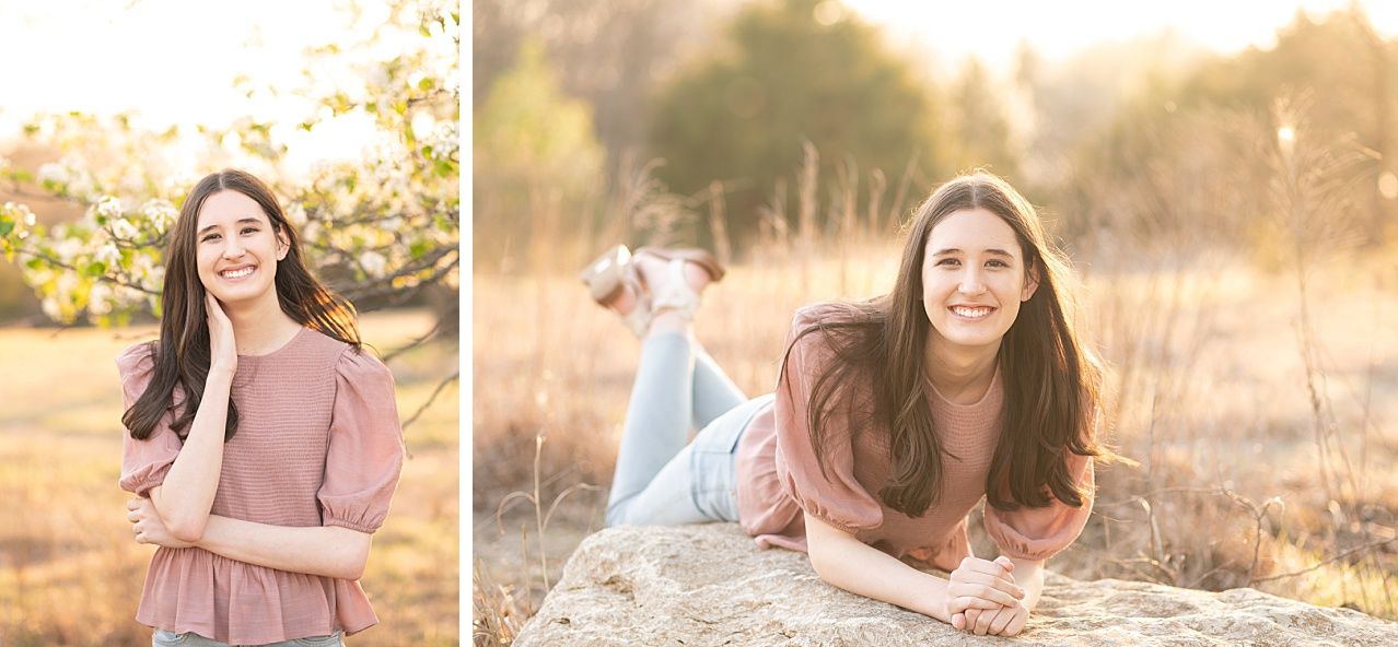 Senior Girl portraits for in Light Grassy Field with Spring Blossoms by Bartlesville Photographer Kristi Bray