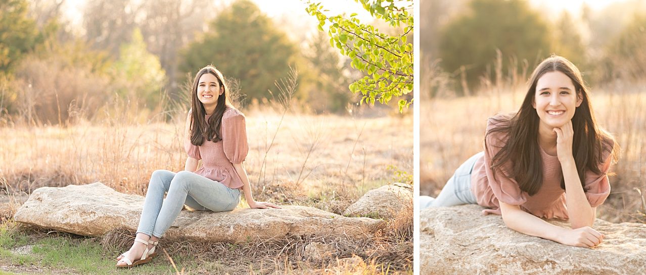 Senior Girl portraits for in Light Grassy Field with Spring Blossoms by Bartlesville Photographer Kristi Bray