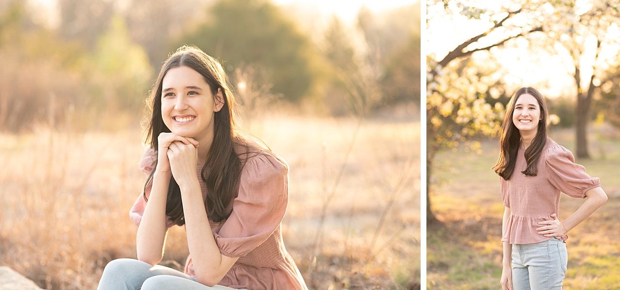 Senior Girl portraits for in Light Grassy Field with Spring Blossoms by Bartlesville Photographer Kristi Bray