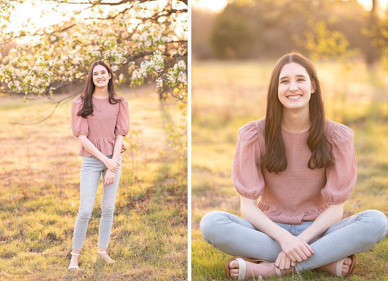 Senior Girl portraits for in Light Grassy Field with Spring Blossoms by Bartlesville Photographer Kristi Bray