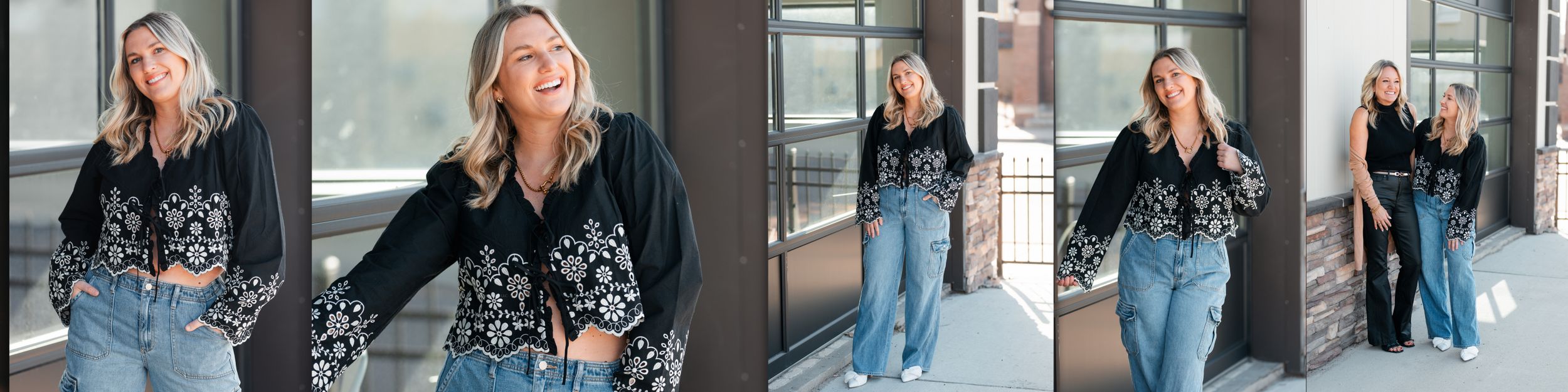 A set of five fashion photos showing a black blazer styled with light wash jeans and boots against an office backdrop.