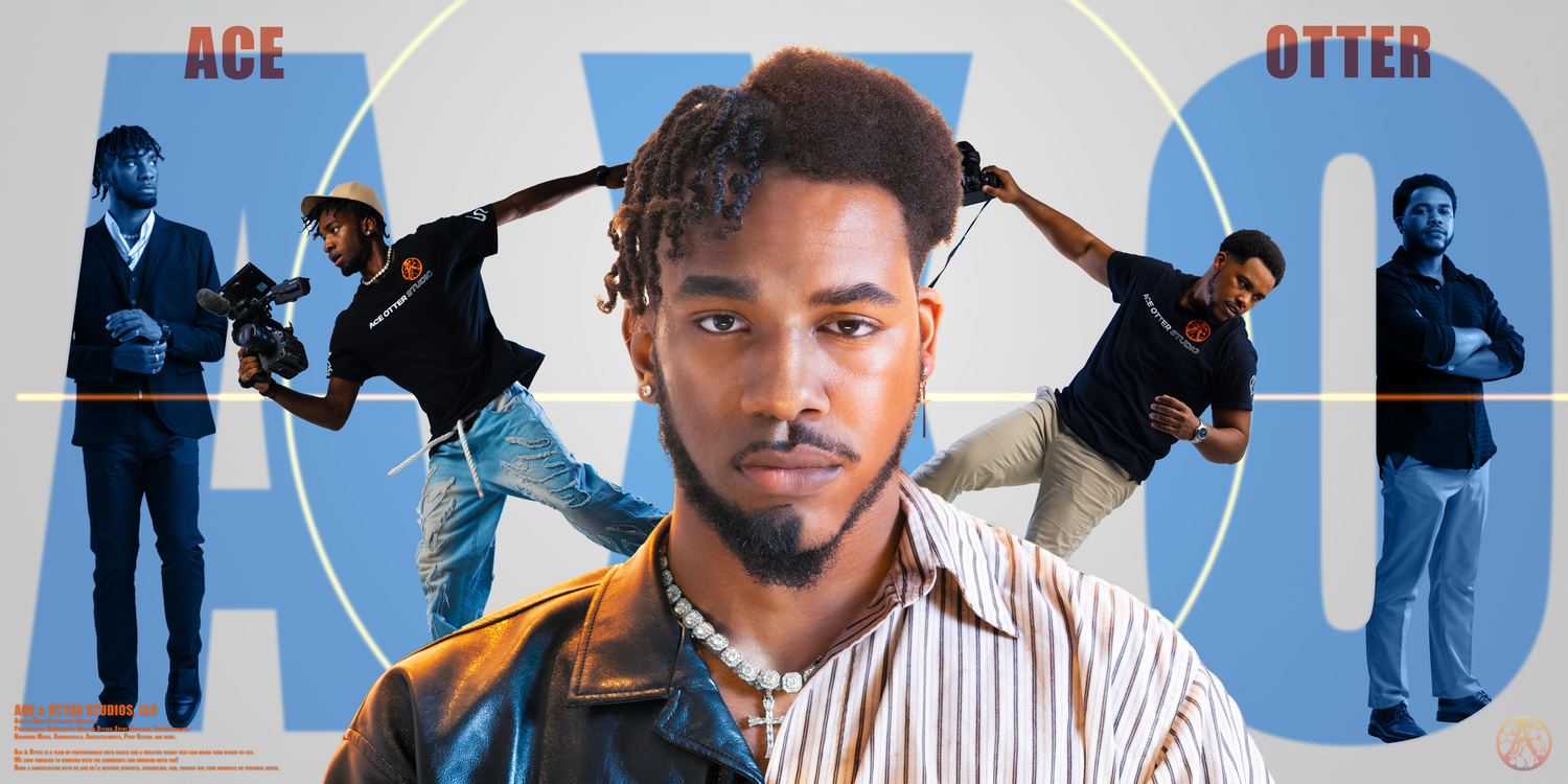 Creative portrait showcasing contrast with split styling of denim jacket and striped shirt against white background.