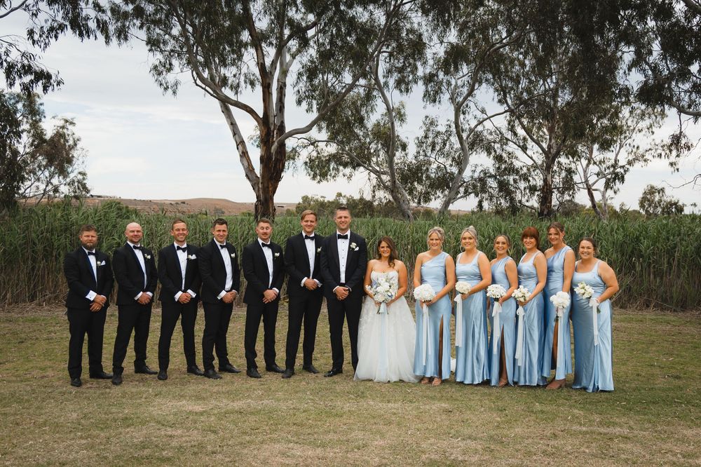 Wedding party in formal attire poses outdoors with groomsmen in black tuxedos and bridesmaids in light blue gowns.