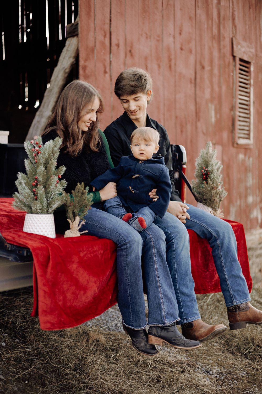 Holiday mini session in Havelock NC — family sitting on red velvet bench surrounded by small Christmas trees.