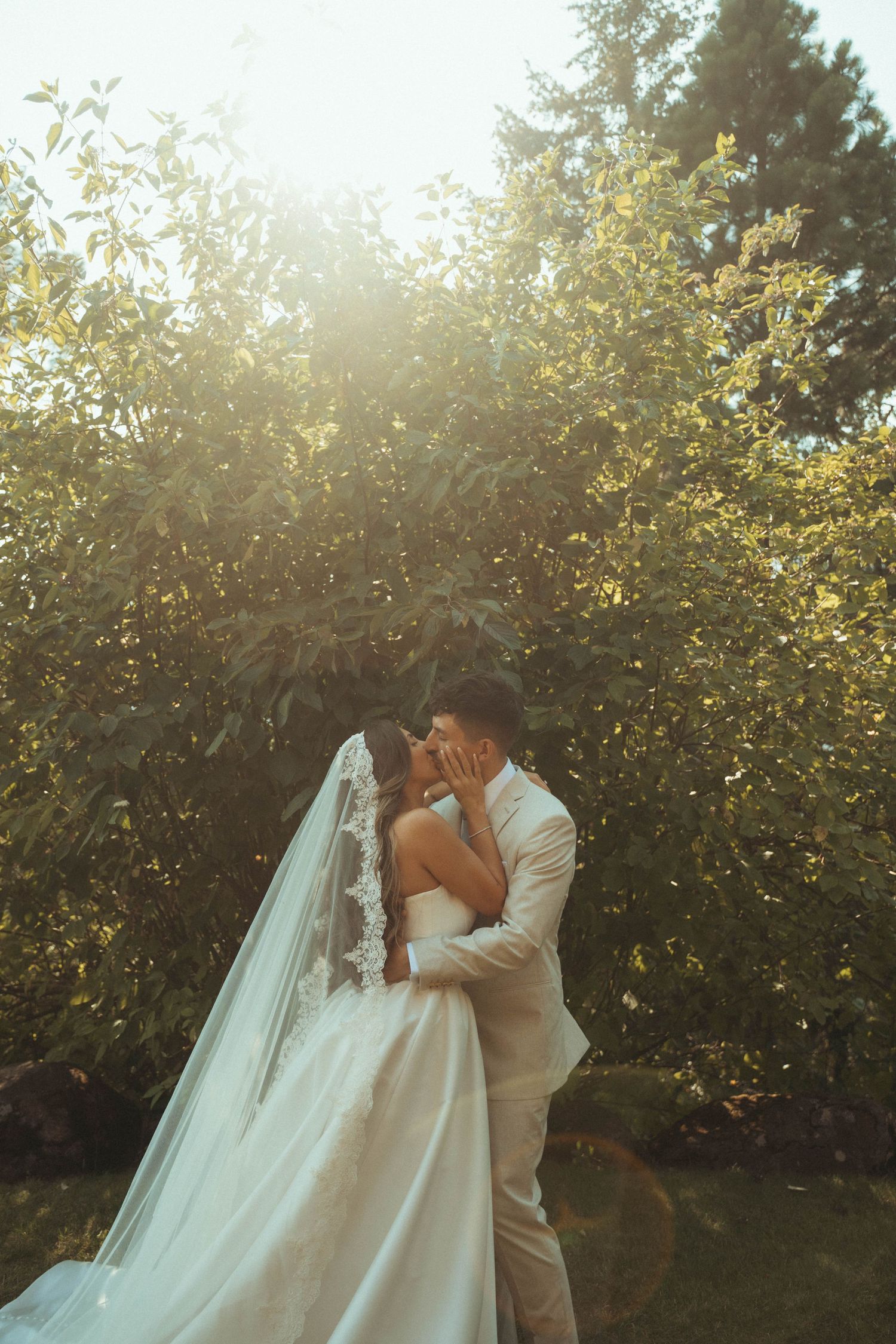 Bride and groom sharing a romantic kiss in a sunlit garden, bride wearing a flowing white gown and long veil.