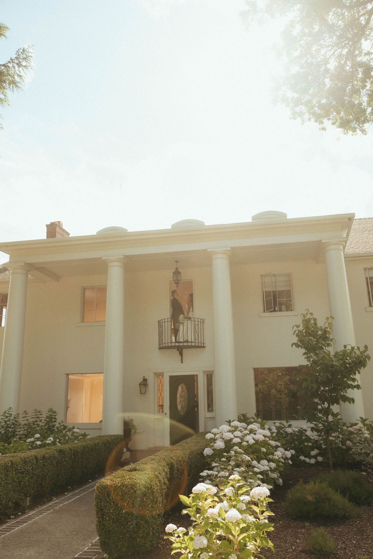 Elegant white colonial mansion with tall pillars, balcony, manicured hedges, and blooming white hydrangeas in soft sunlight.