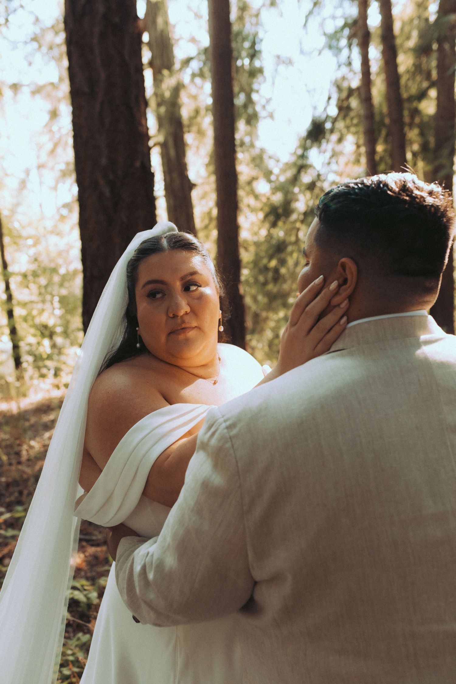 A series of wedding photos showing a couple in a forest setting with sunlight filtering through the trees.