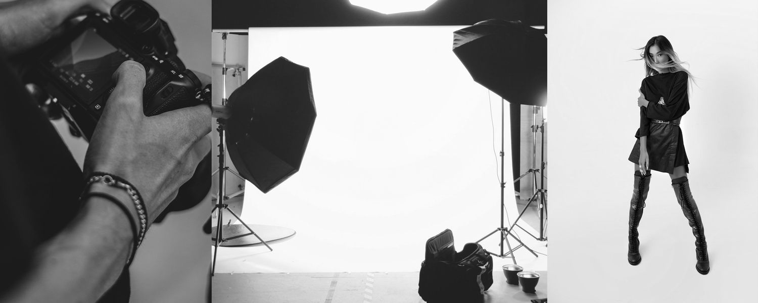 Behind the scenes photo studio setup showing lights and fashion shoot in progress.