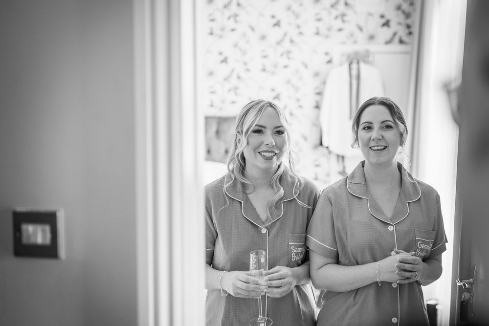 Black and white photo montage showing candid moments of bridal preparations with laughter and joy.