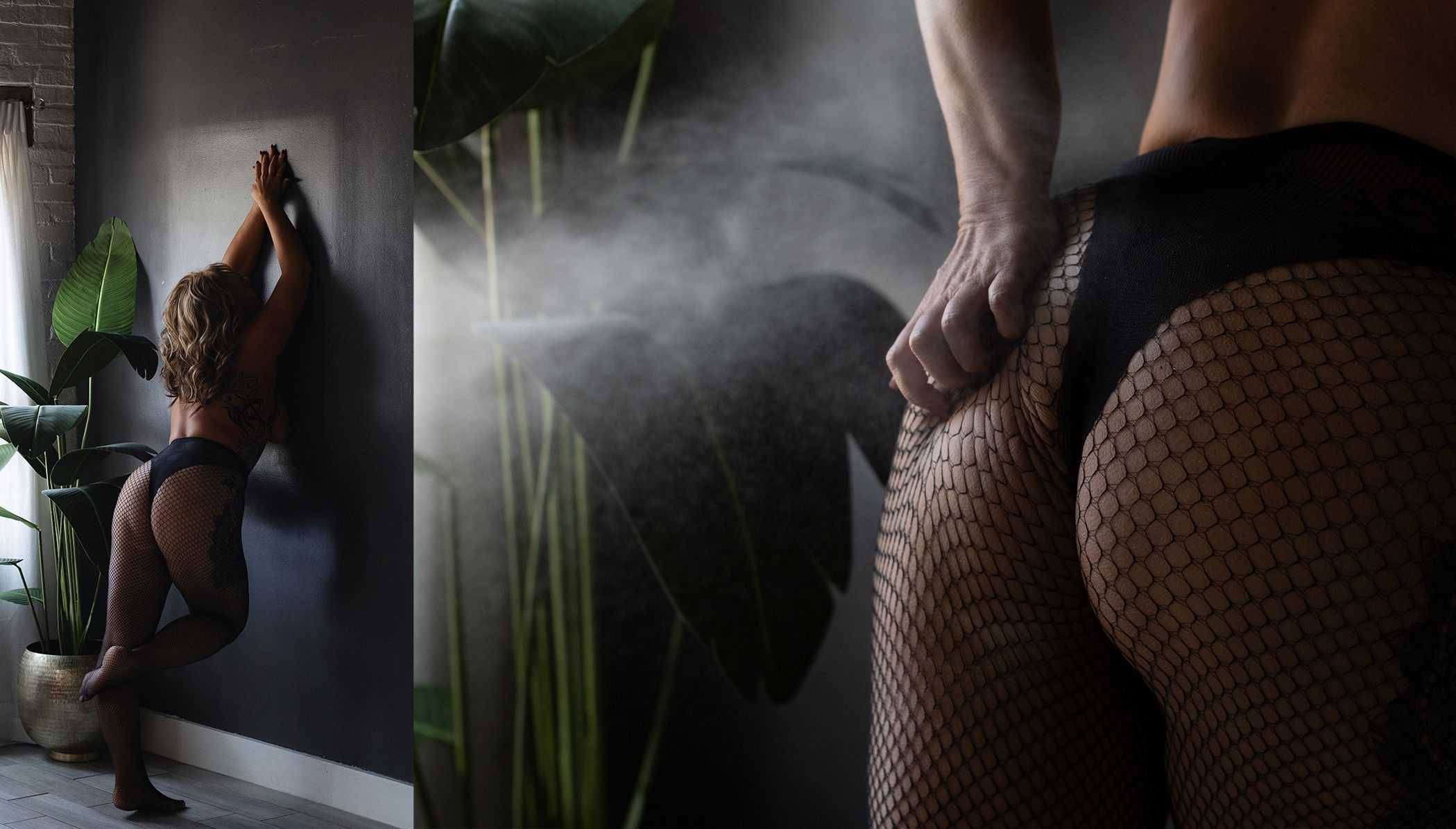 Atmospheric boudoir scene with smoke effects and fishnet stockings.