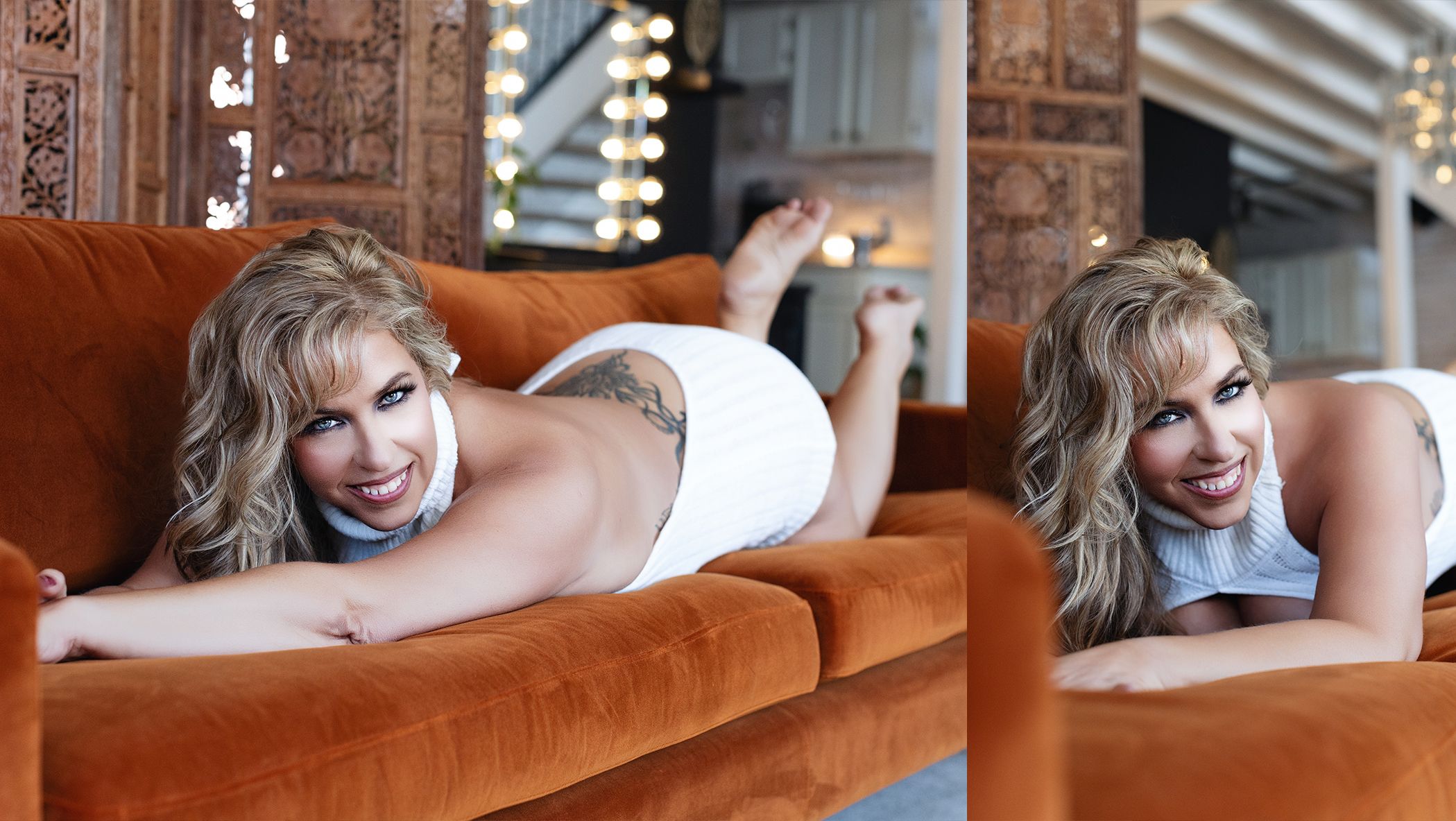 Person lounging on rustic brown velvet couch in intimate boudoir setting.
