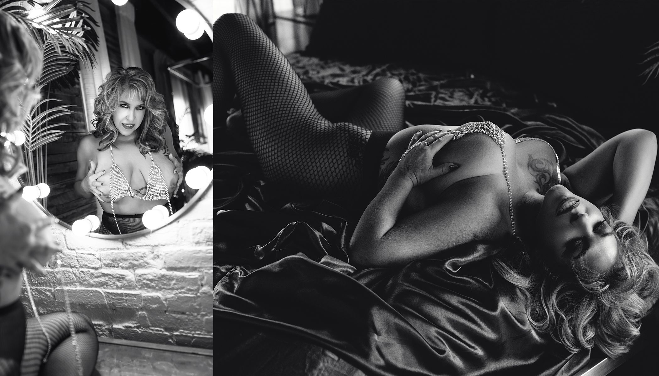 Artistic black and white boudoir photos with moody lighting and reflections.