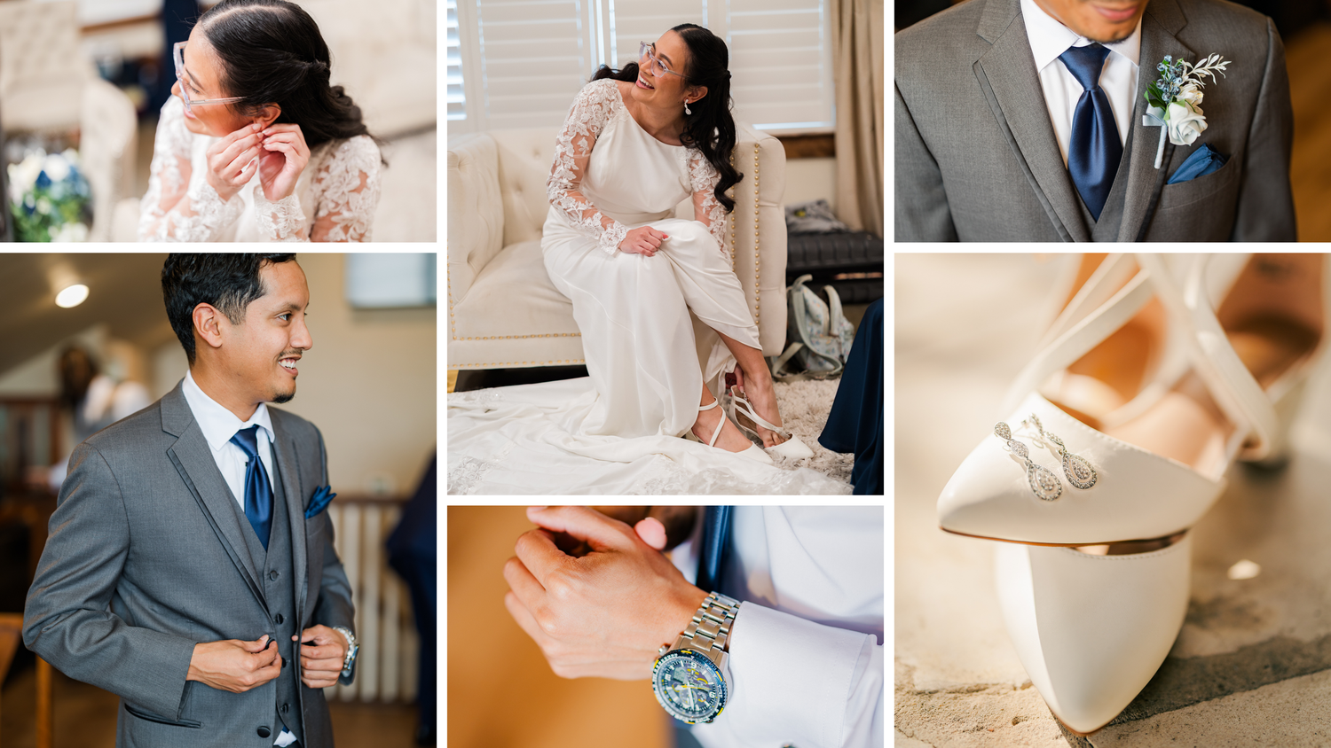 Photo collage with images of a bride and groom who are getting ready before their wedding