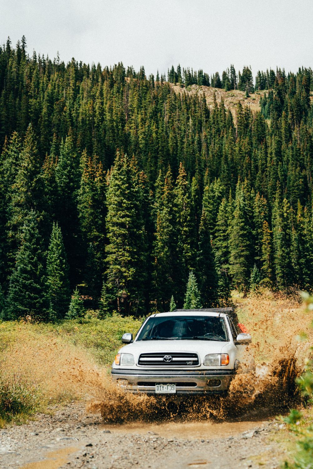 Toyota SUV splashes through muddy water on an off-road mountain trail surrounded by pine forest.