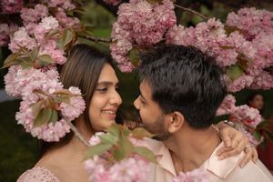 South Asian couple gazing at each other affectionately surrounded by vibrant pink cherry blossom flowers.