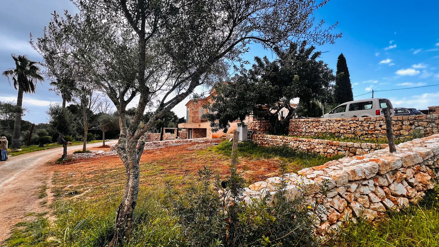 A scenic garden with a stone wall, blooming trees, and a dirt path under a blue sky.