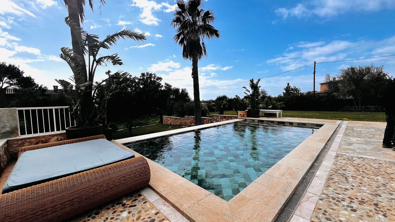 An outdoor swimming pool surrounded by palm trees and a wooden deck with lounge chairs.