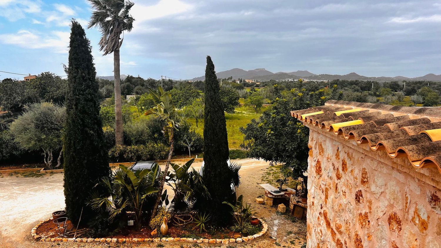 A picturesque Mediterranean garden with palm trees, cypress trees, and a stone wall overlooking a scenic landscape.