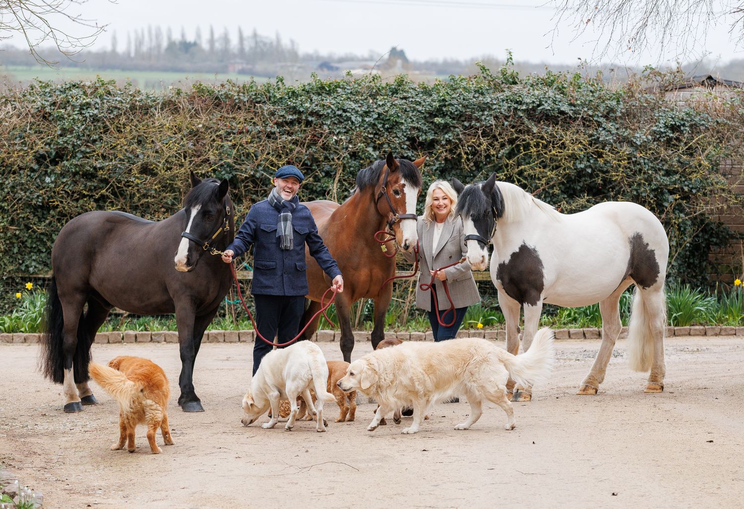A horse and its rider enjoy an outdoor photoshoot session near rustic wooden fencing on a sunny day.