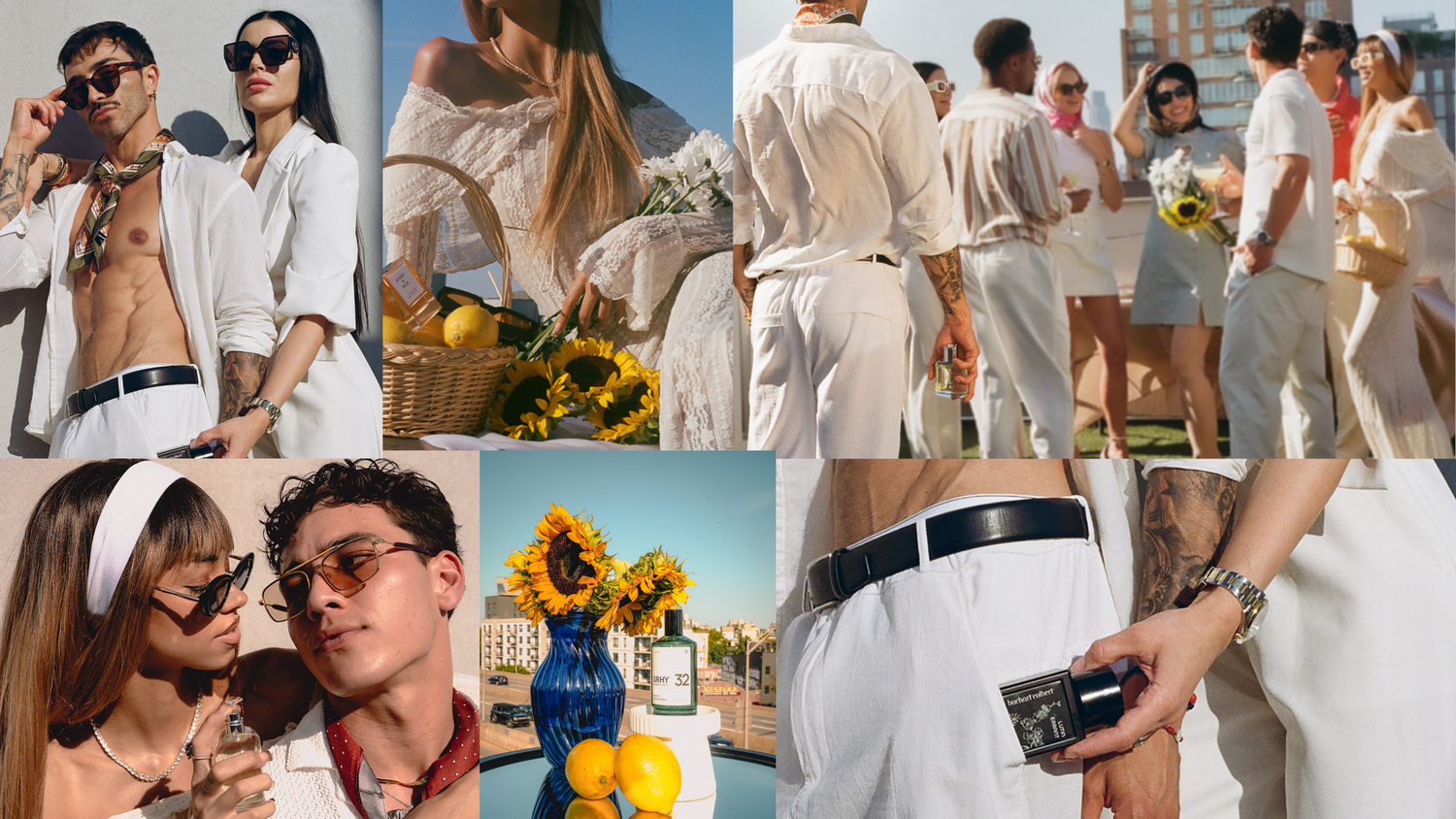 Fashion collage featuring models wearing summer accessories including belts, sunglasses, and leather goods.
