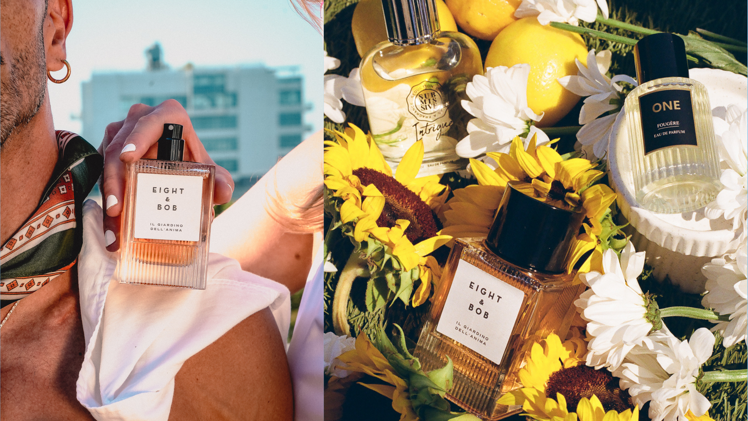 Eight and Oak perfume bottles displayed with fresh lemons and white flowers in lifestyle flat lay.