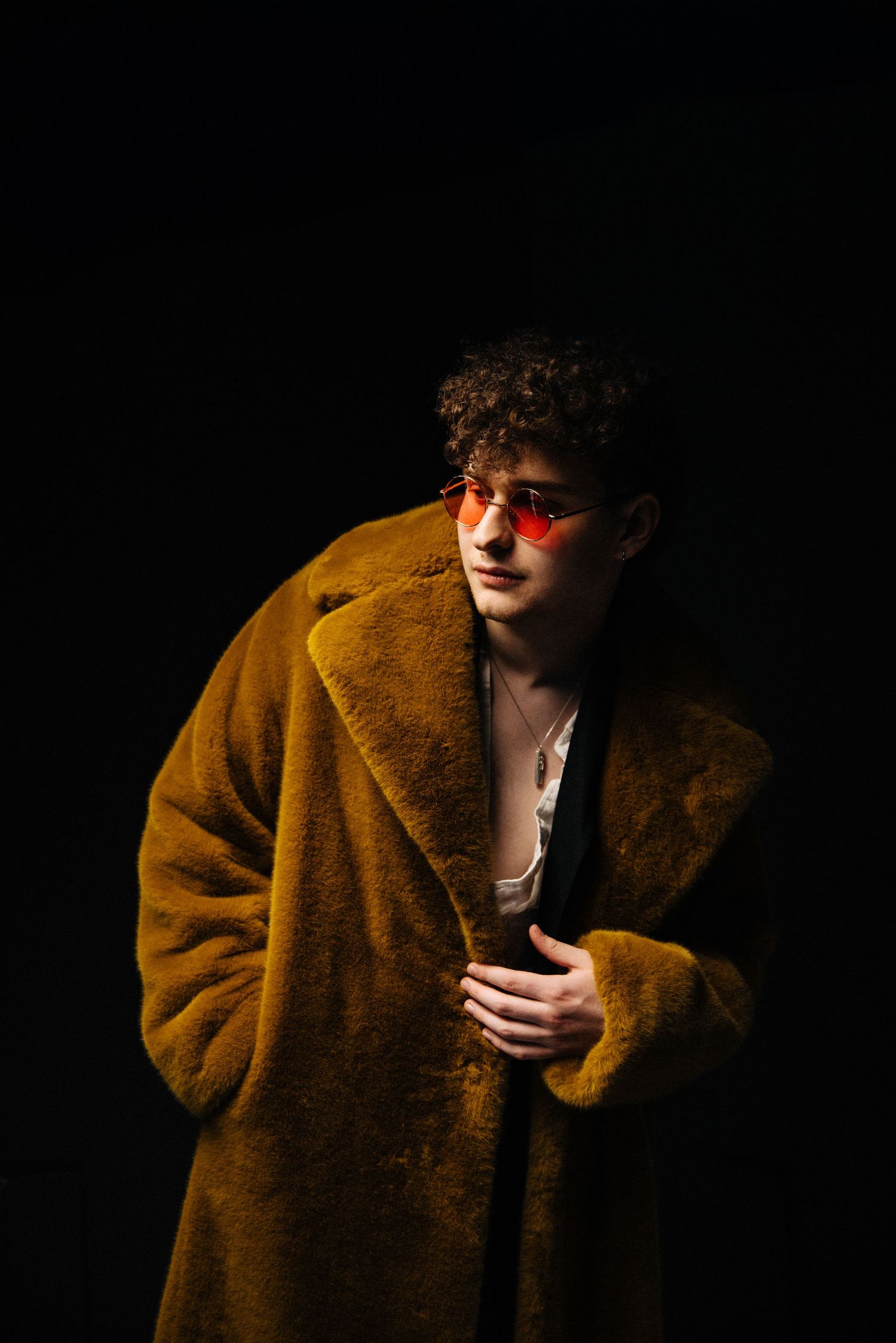 Artistic fashion portrait with dramatic lighting showing figure in brown fur coat against dark background.