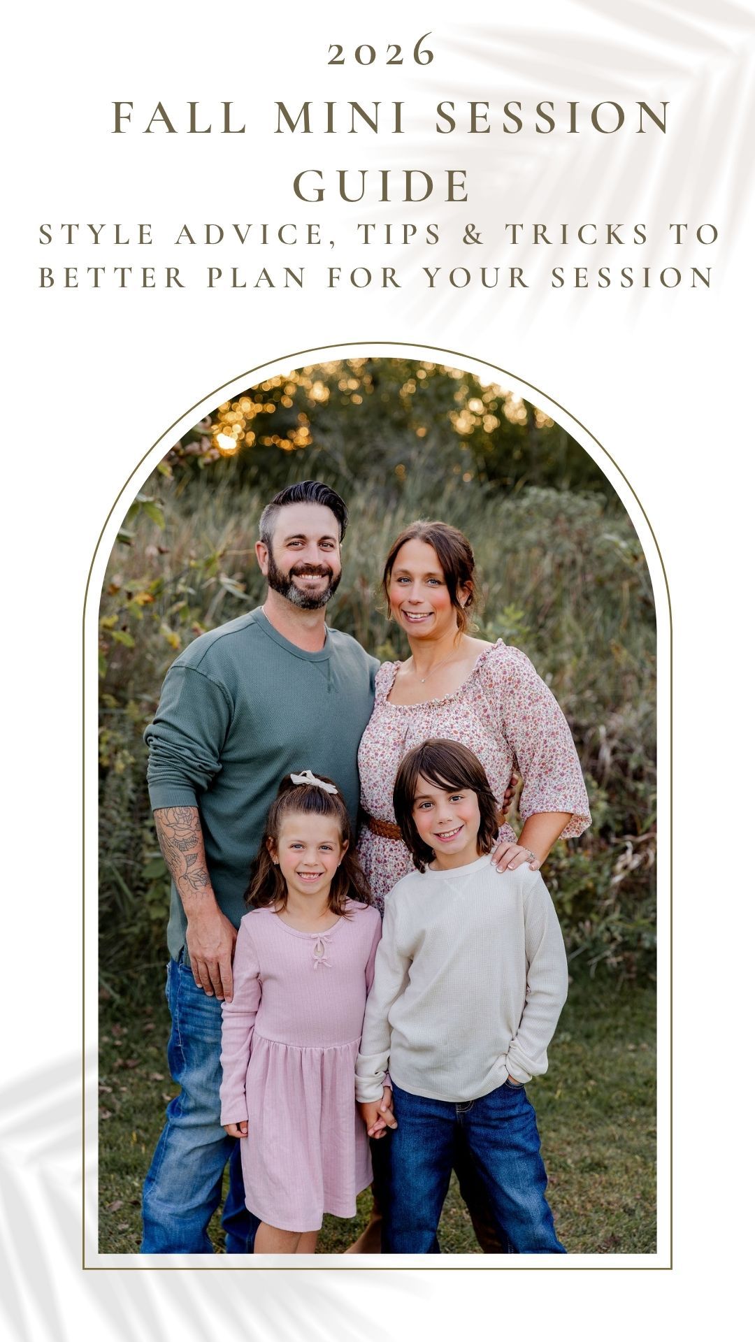 A family of four poses outdoors in fall attire for a 2026 Fall Mini Session Guide photo.