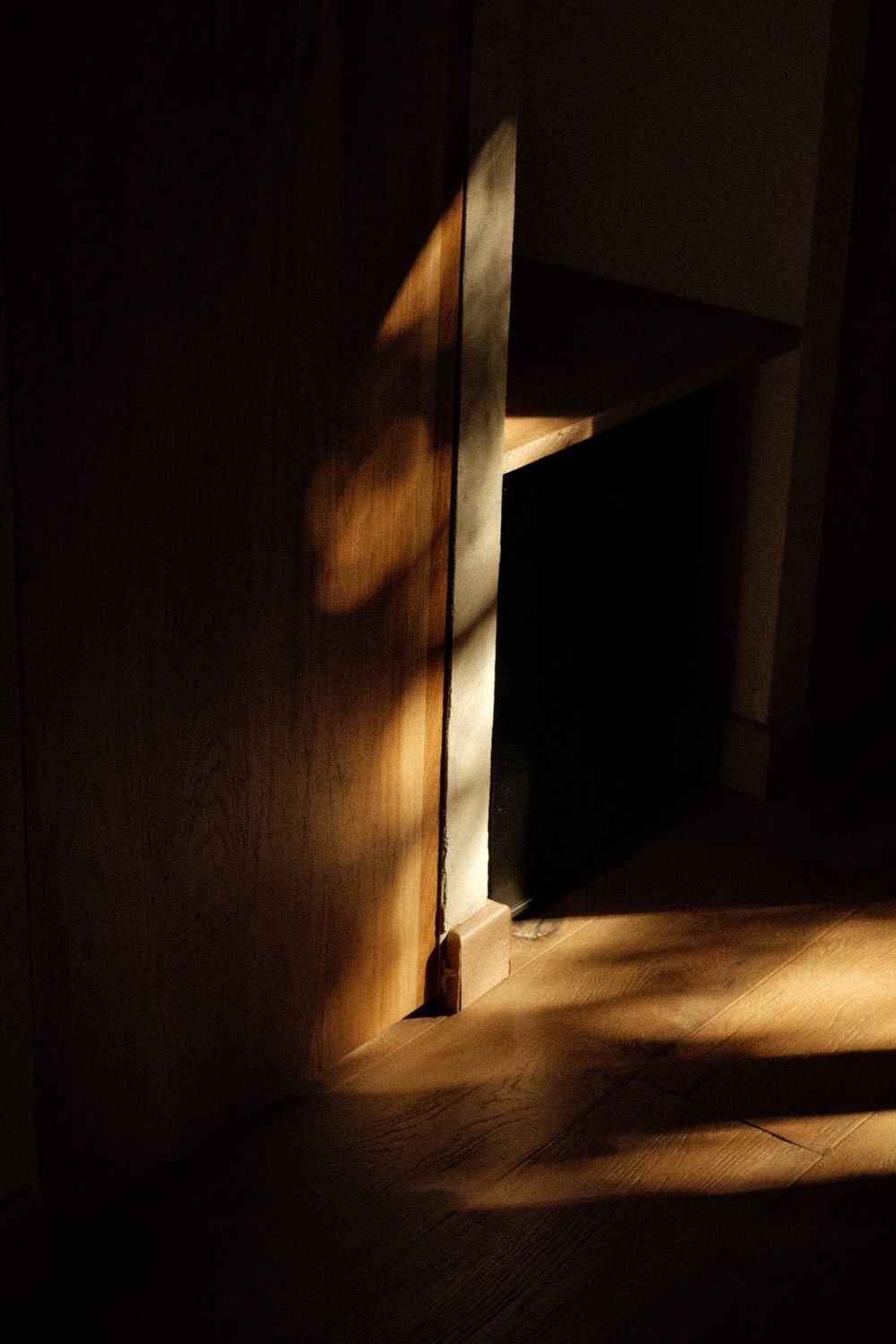 Warm sunlight streams through an open door onto hardwood floors, casting golden shadows in a dark hallway.
