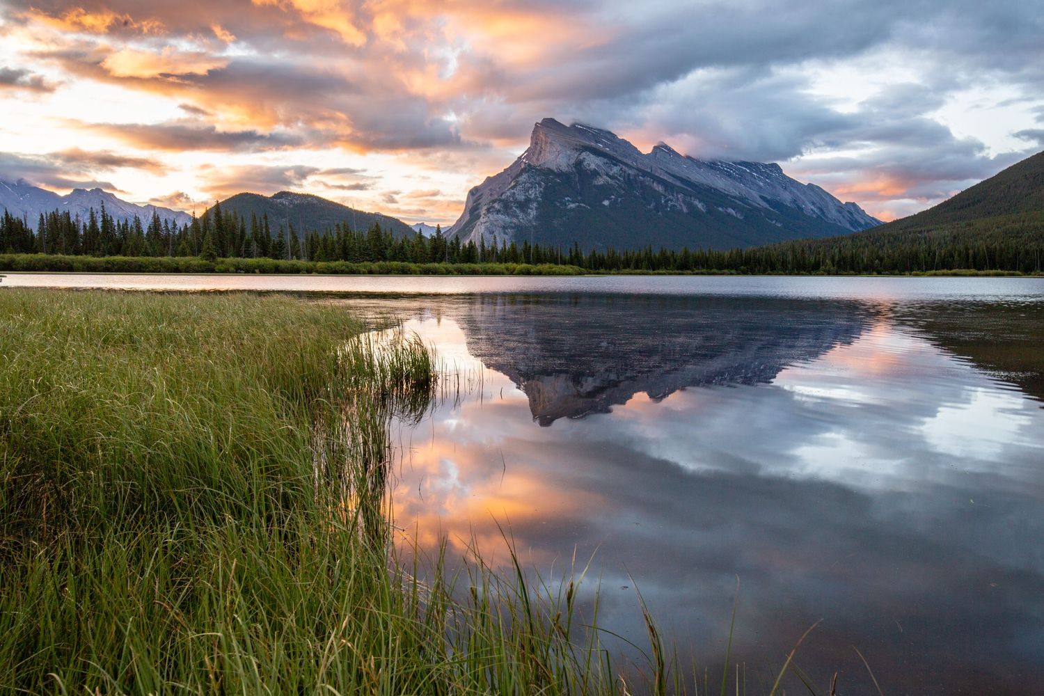 Mount Rundle in the morning sunlight, vermillion lakes in Banff National Park