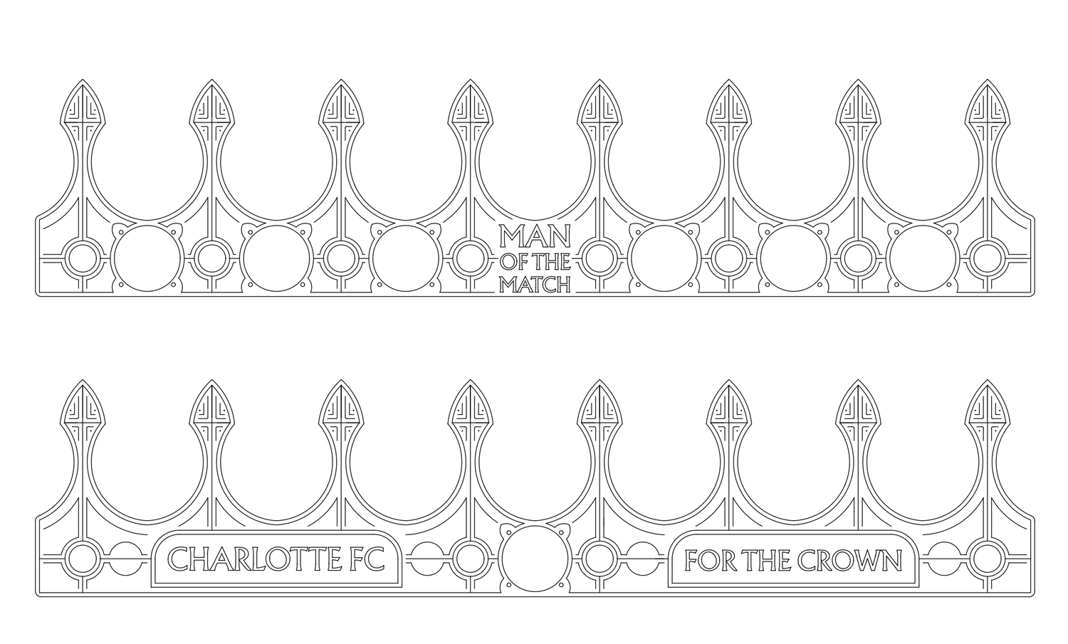 Charlotte FC crown design templates showing Man of the Match and For the Crown text in decorative outline style.