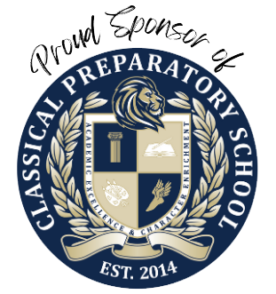 Collection of circular navy blue and gold academic or preparatory school emblems with laurel wreath designs.