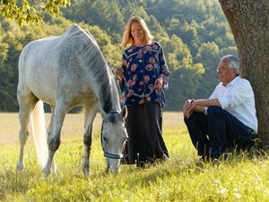 Paar auf der Weide mit ihrem grasenden Pferd. Emotionale und natürliche Aufnahmen der Lichtkapsel.
