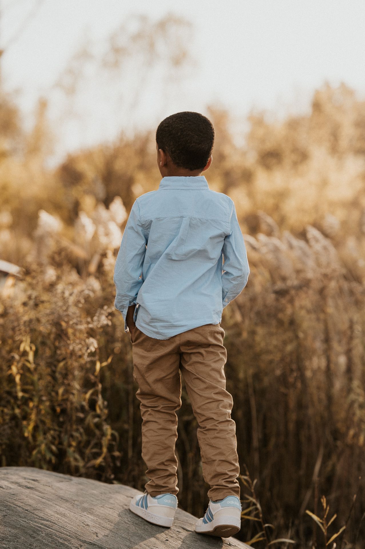 Enfant debout dans des herbes hautes, lumière chaude et arrière-plan flou.