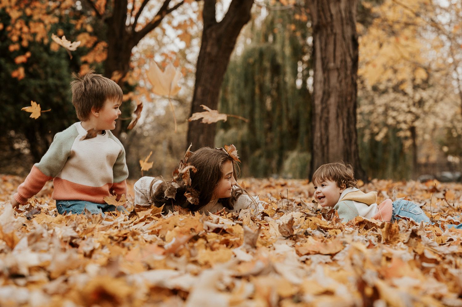 Enfants qui jouent dans les feuilles d’automne avec arbres en arrière-plan, lumière douce. Séance famille sur la Rive-Sud de Montréal.