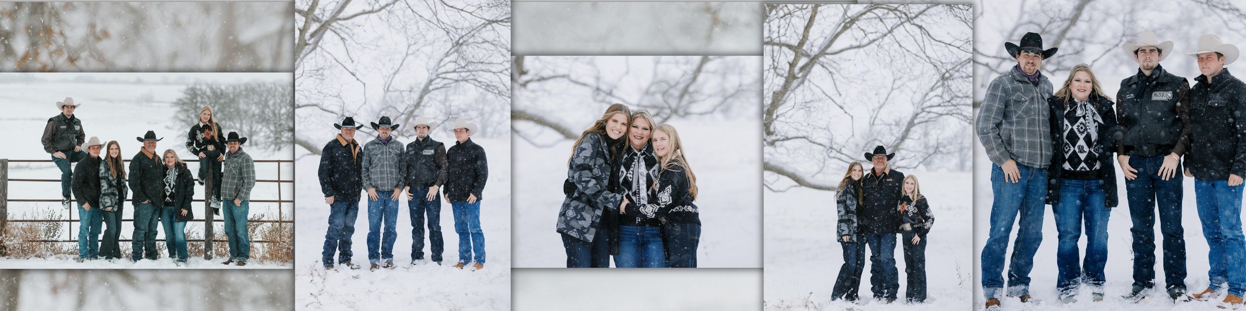 Family portrait session in winter snow, group of seven wearing coordinated outfits in black, white, and denim outdoors.
