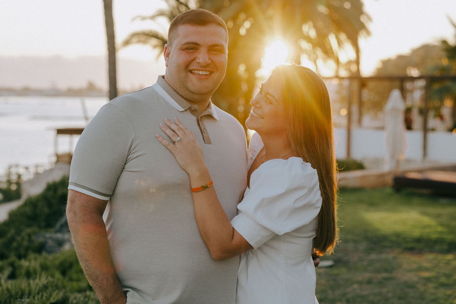 Beautiful couple posing during sunset in Paphos.