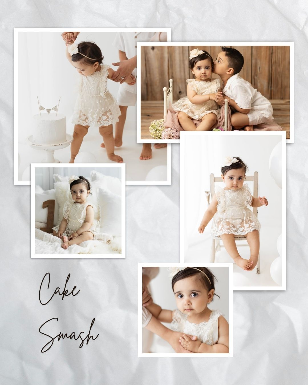 A collage of soft, neutral-toned baby photography portraits arranged in an artistic layout with handwritten text elements. Elizabeth Lang