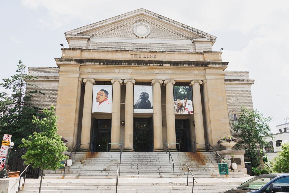 Exterior view of The LINE DC with columns and pediment showing multiple angles of the stone facade.