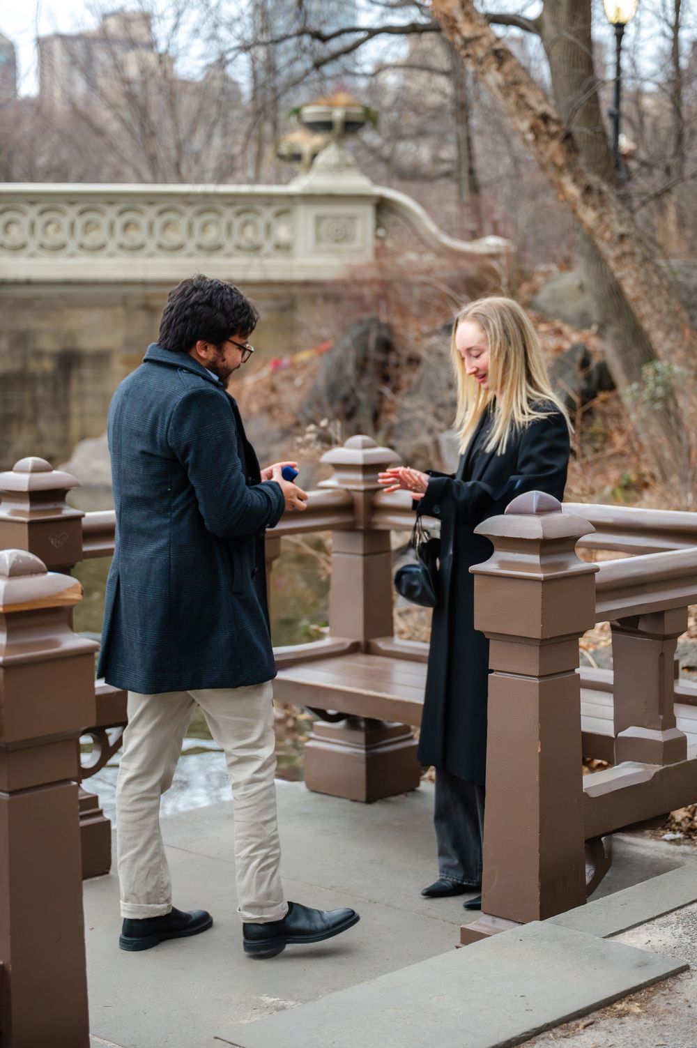 A romantic proposal sequence showing a couple on a bridge in a park during winter.