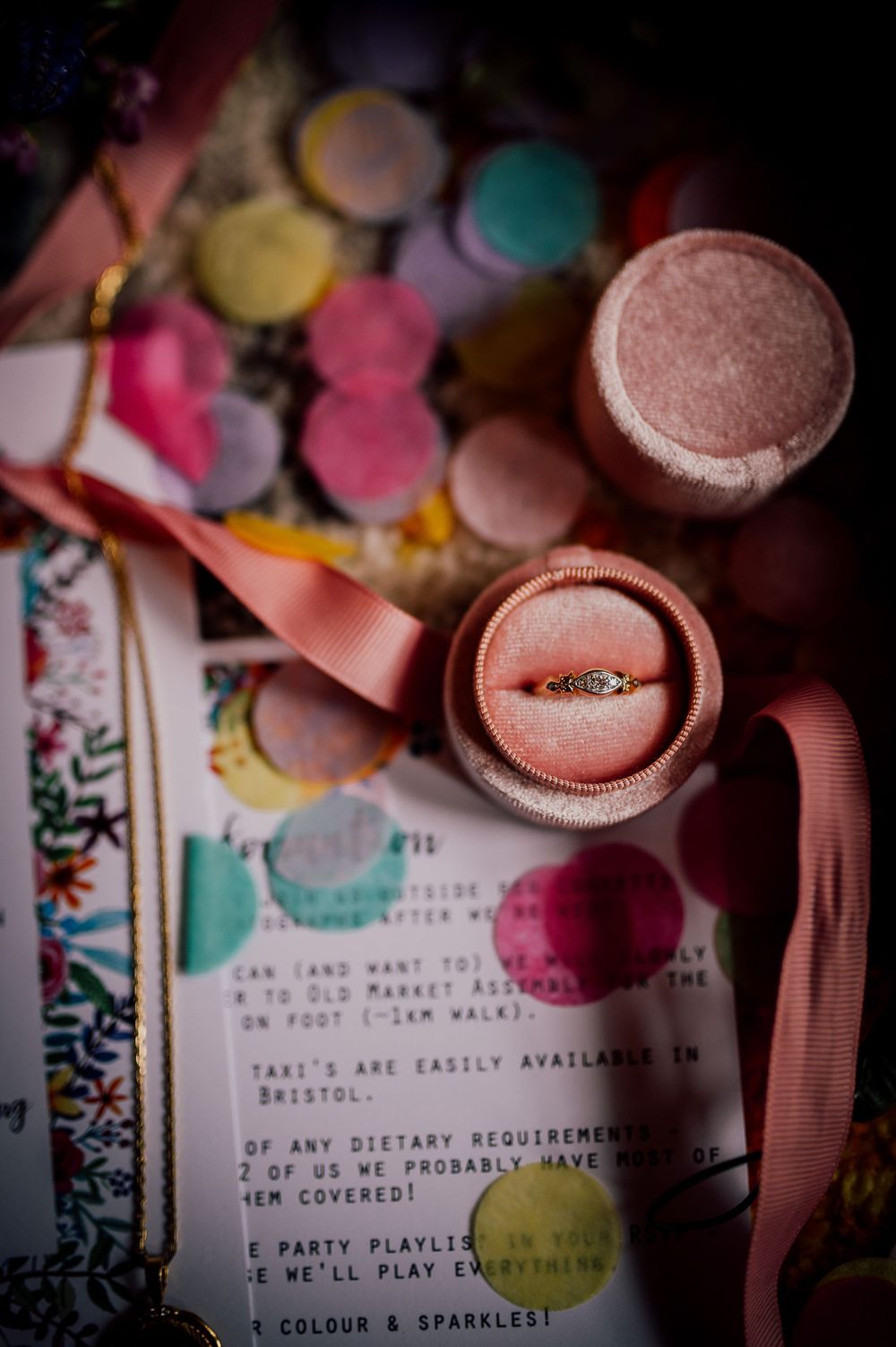 A pink ring box with an engagement ring shown in a progressive sequence of opening shots with confetti in background.