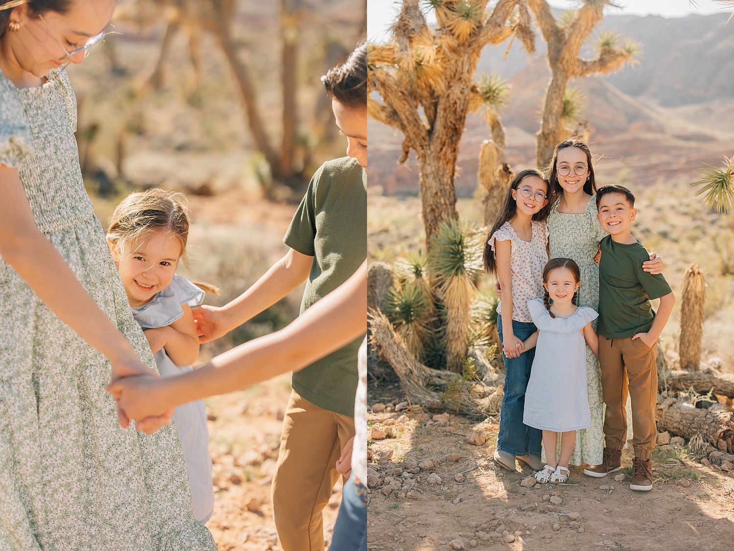 Family portrait session in desert with Joshua trees, mother holding toddler while siblings pose together on rocky terrain.