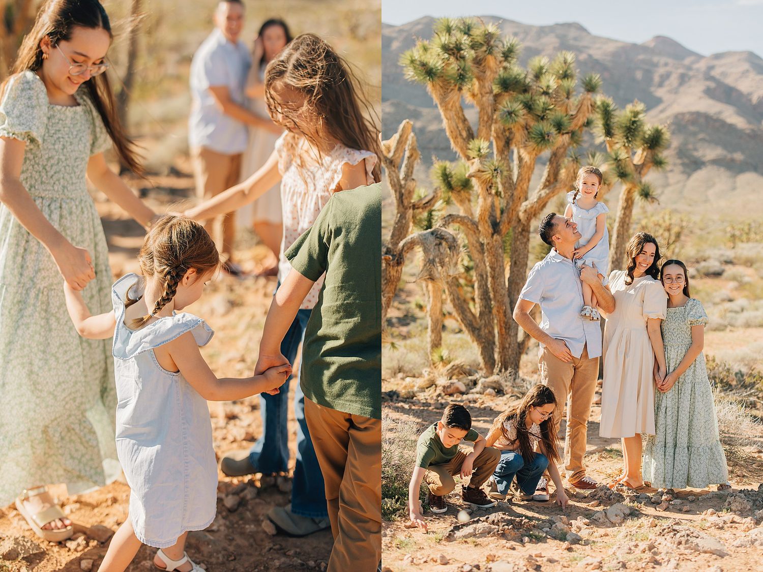 Family posing together outdoors in a desert landscape with Joshua trees and mountains in the background.