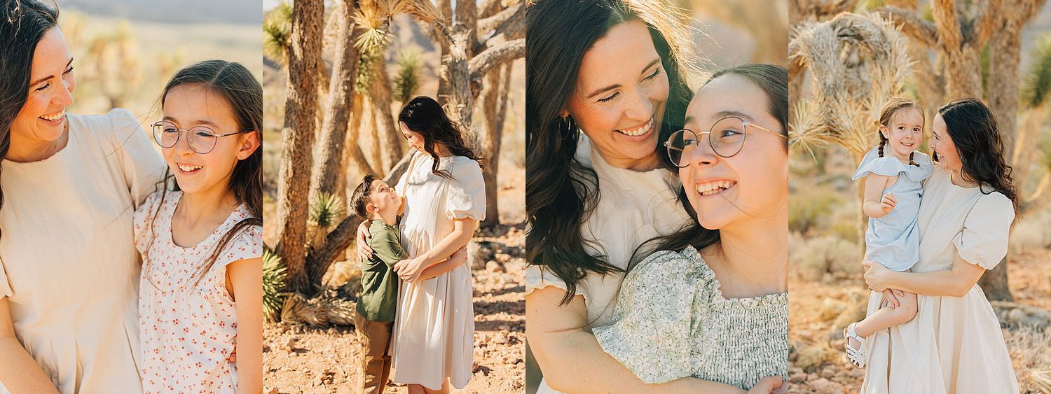 A mother and daughter share joyful moments outdoors in a desert setting during a warm golden hour family photo session.