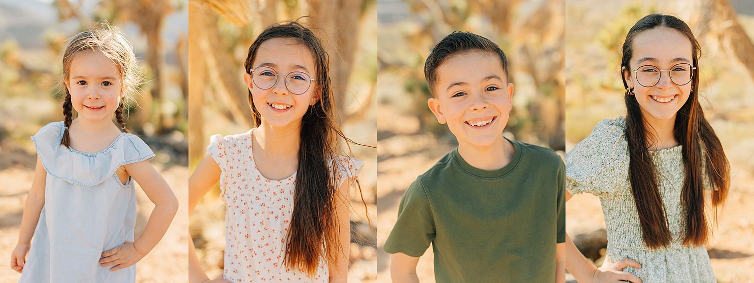 Four children posing individually outdoors in warm golden light, smiling against a natural desert background.