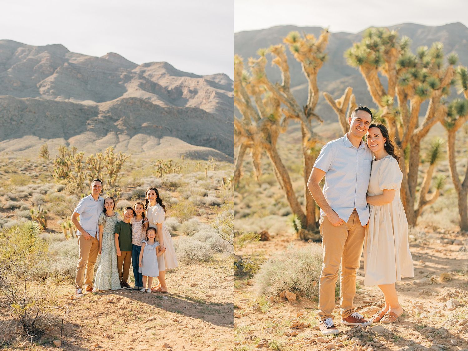 A family of five and a couple pose together in a sunlit desert landscape with mountains and Joshua trees.