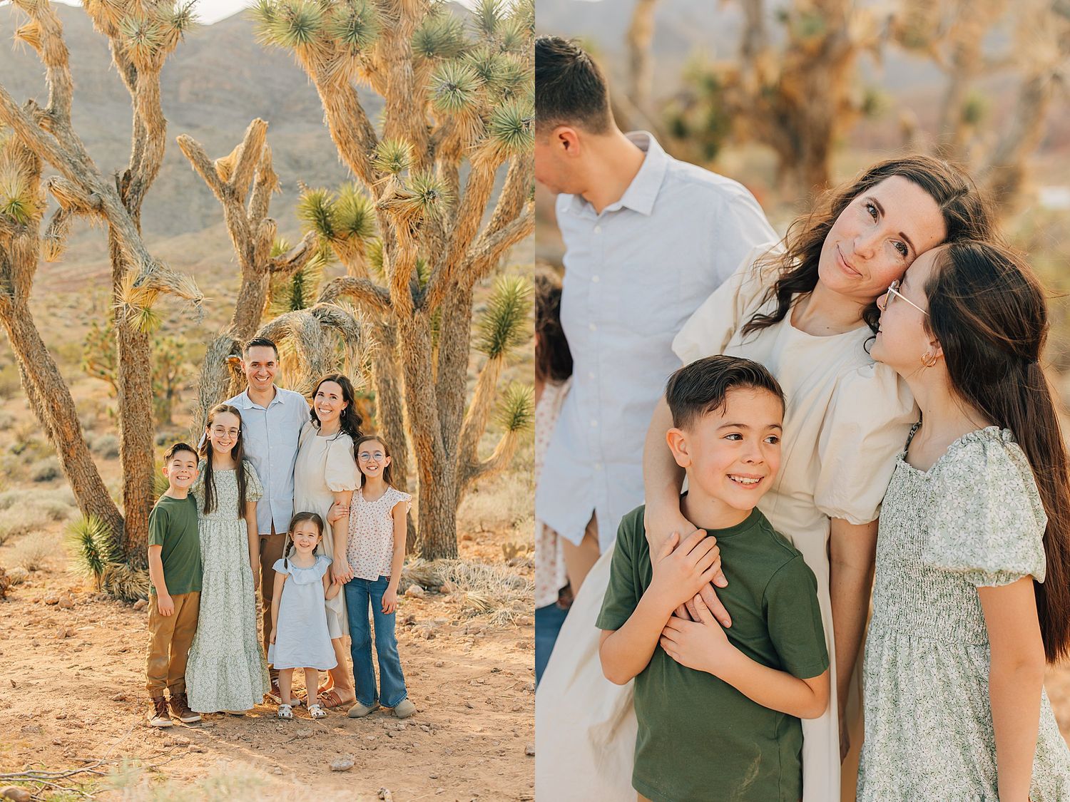 Family of five poses among Joshua trees in the desert, wearing coordinated neutral and green outfits for a professional photo session.