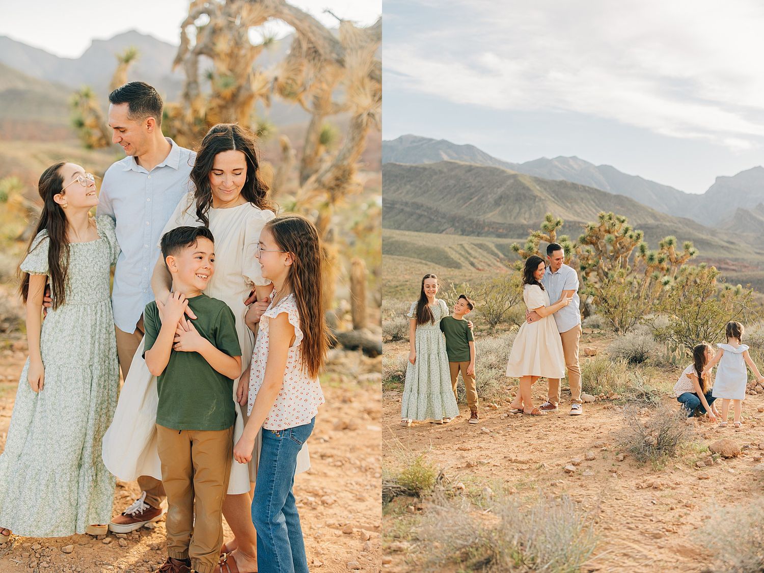 Family of five poses in desert landscape with Joshua trees and mountain backdrop during golden hour outdoor photo session.