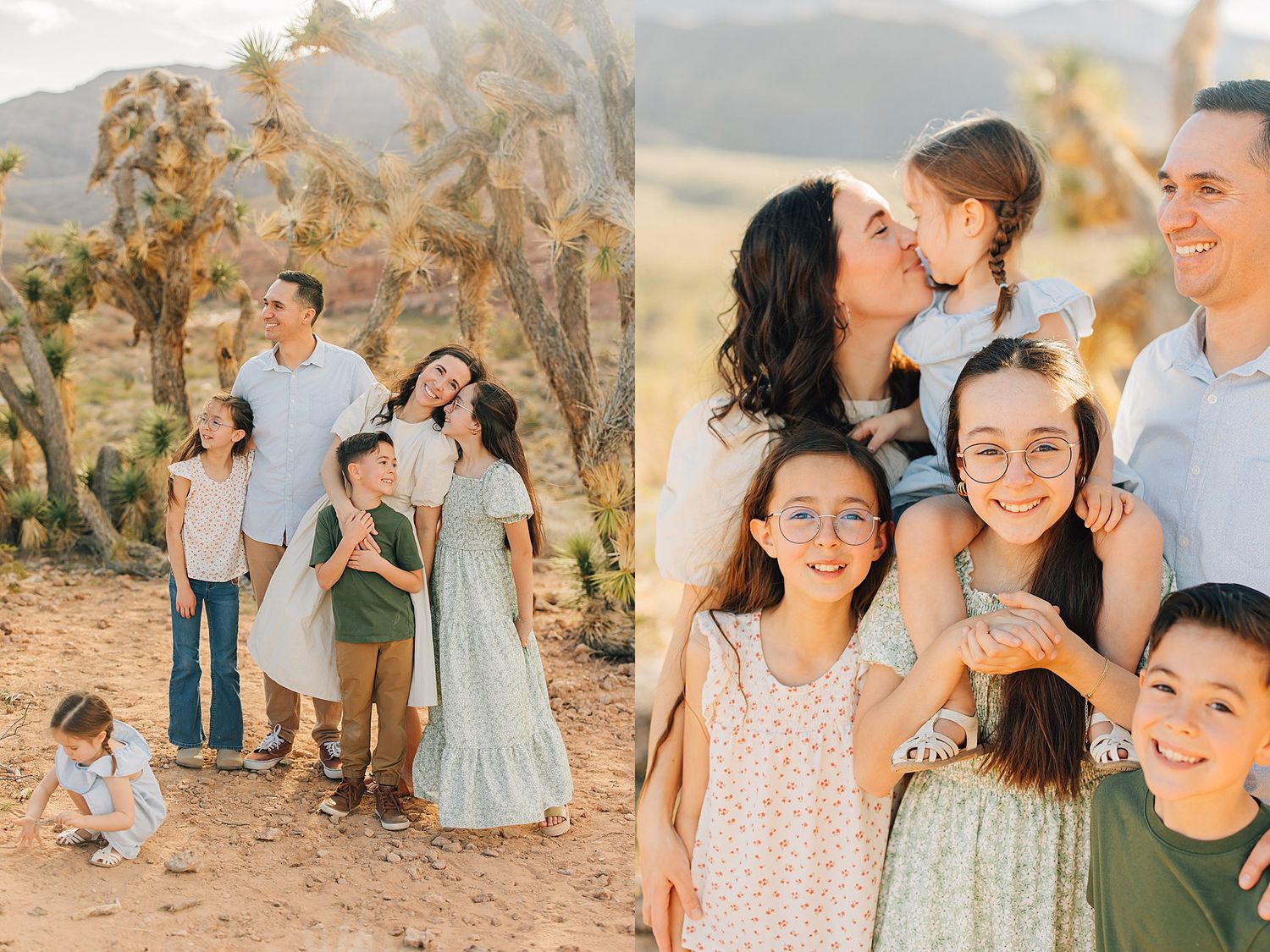 Happy family posing outdoors in desert landscape with cacti, parents and children smiling together in warm golden light.